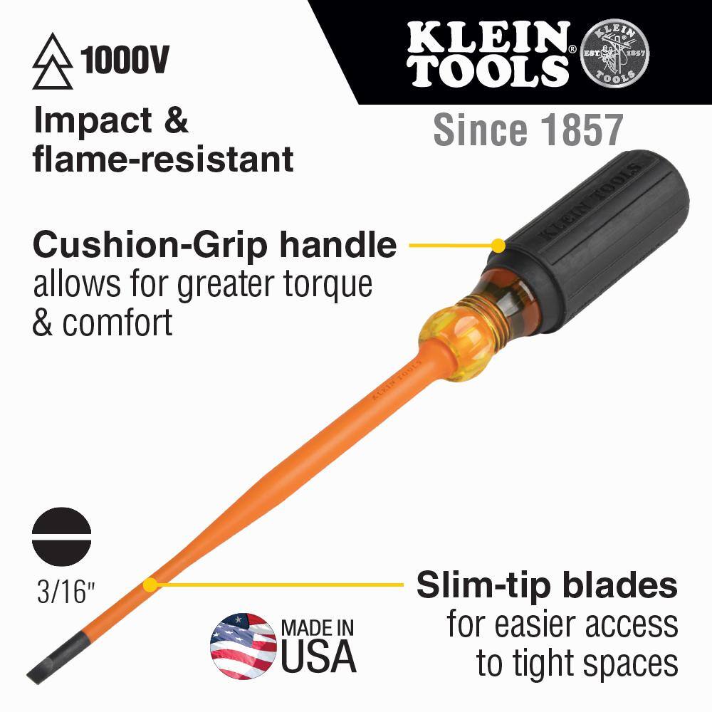 Klein Tools 316 in. Cabinet 6 in. Round Shank Slim-Tip Insulated Screwdriver 6916INS