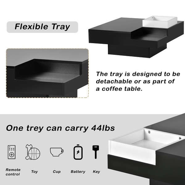 Square Coffee Table with Detachable Tray and Plug-in 16-color LED Strip Lights Remote Control Sofa Table for Living Room