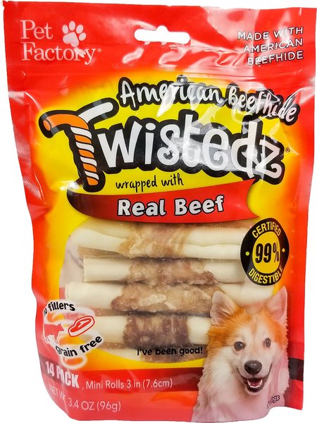 Pet Factory Twistedz 3 to 3.5-inch Beefhide Mini Rolls Beef Flavored Dog Hard Chews， 14 count