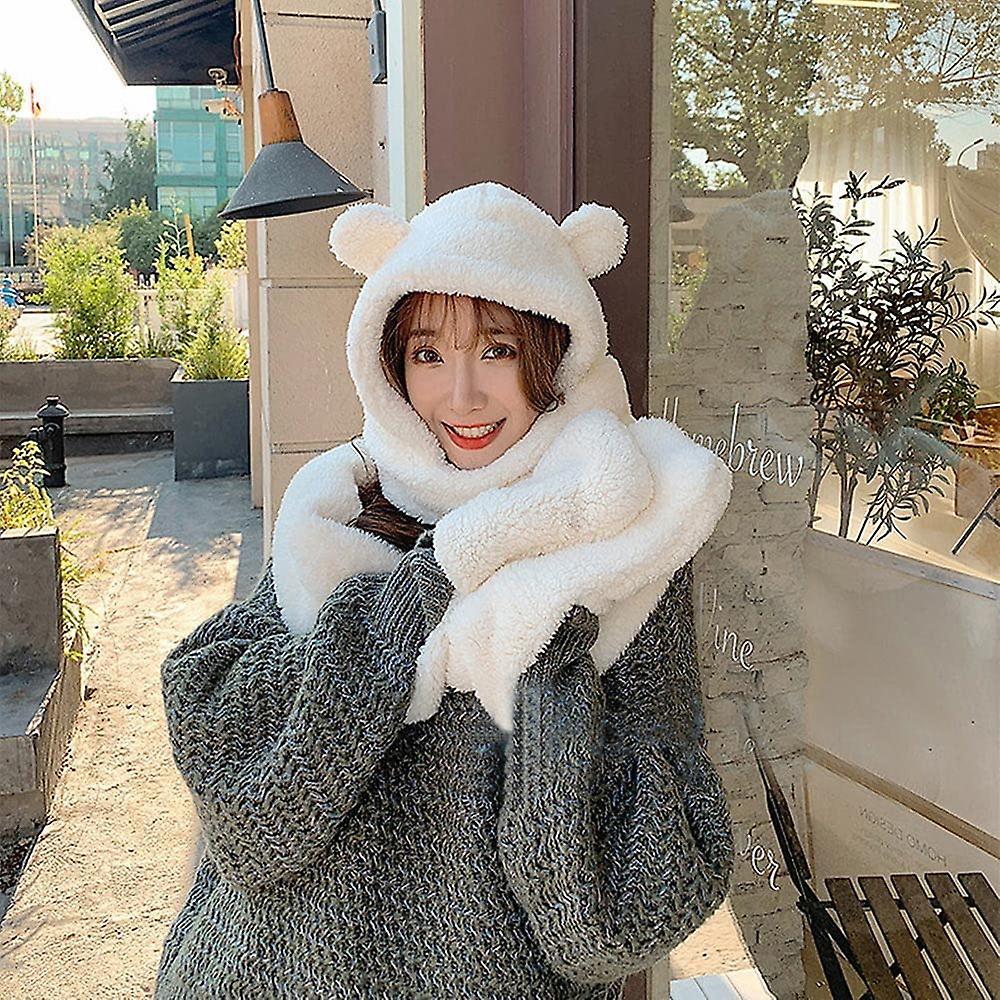 Winter Warm Plush Cute Animal Hats Hooded Scarf 2 In 1 Women Hat And Scarf Set Soft Ear Flap Cap White -