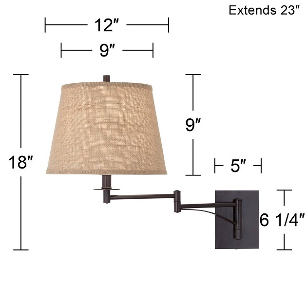 Franklin Iron Works Brinly Farmhouse Rustic Swing Arm Wall Lamp Matte Brown Metal Plug in Light Fixture Burlap Shade For Bedroom Bedside Living Room