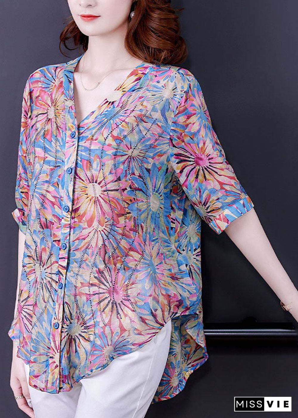 Plus Size Blue V Neck Button Print Chiffon Shirt Top Half Sleeve