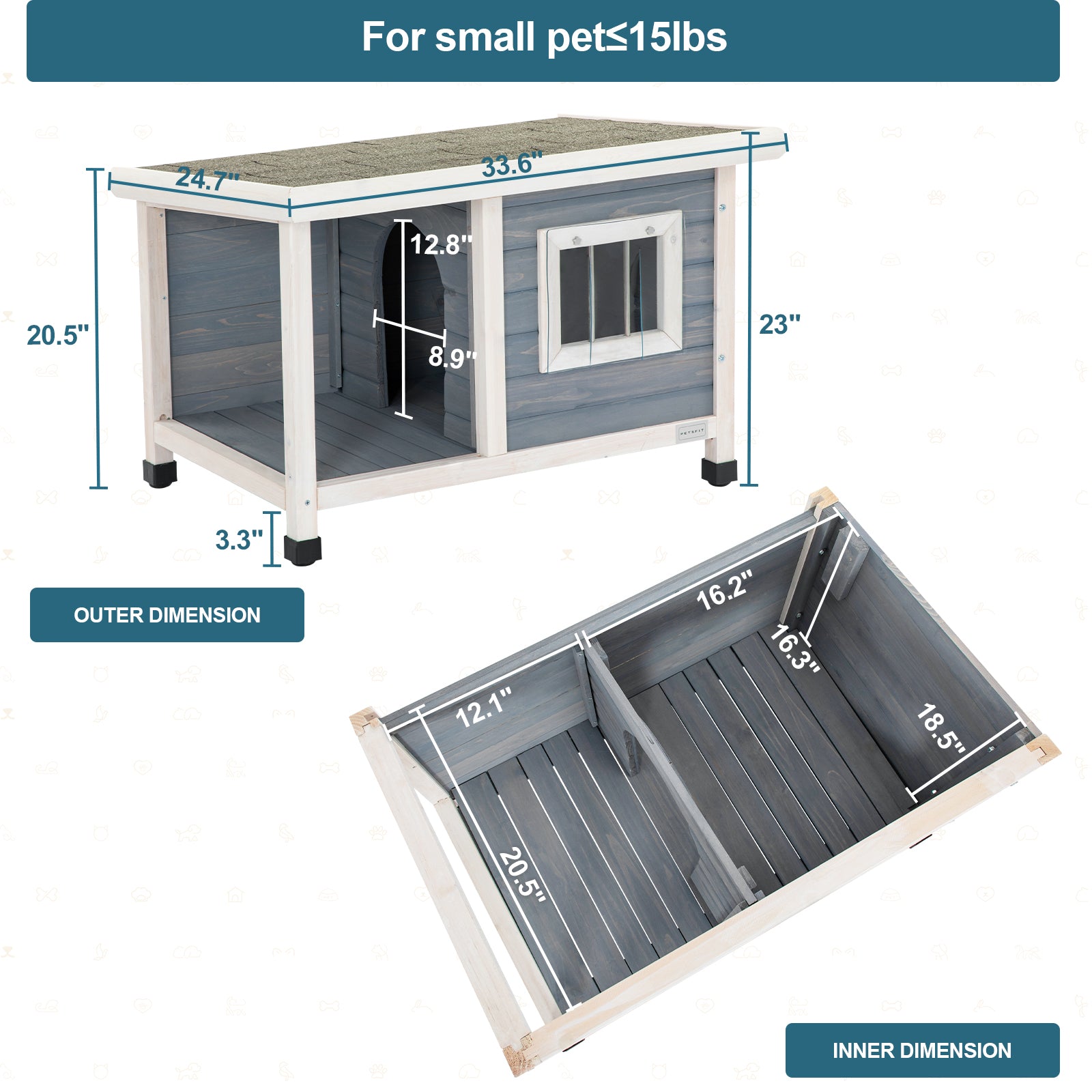 Petsfit Outdoor Wooden Dog House for Small Dogs Weatherproof Asphalt Roof with Balcony