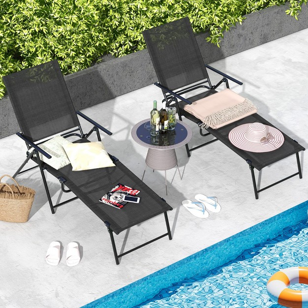 Costway 2 Piece Patio Folding Chaise Lounge Chairs With 6 level Backrest Reclining Chairs Tan black grey