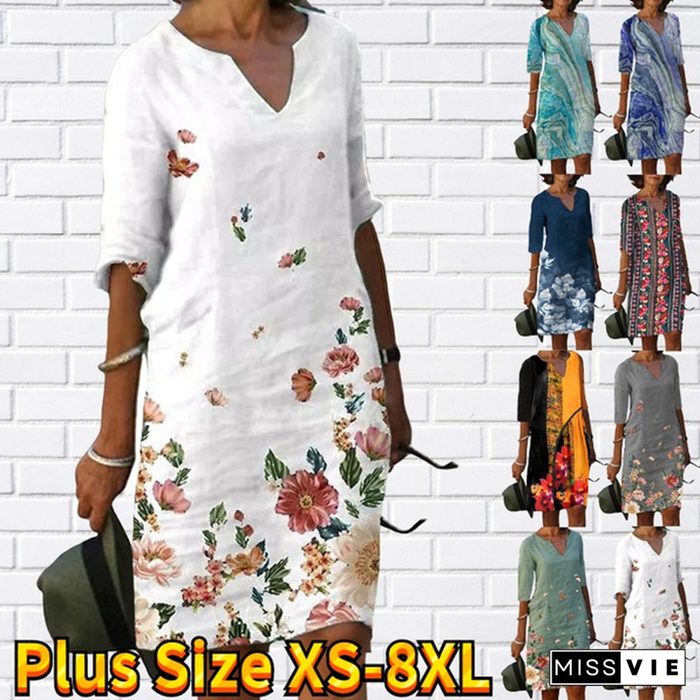 Spring Summer Autumn Women's Female Casual Loose V-Neck Flower Floral Print Mid-Sleeve Half Sleeve Dresses A-Line Dress Skirt Mini Dress Retro 3D Print Five-Point Vintage Sleeve Dress Plus Size Xs-8Xl