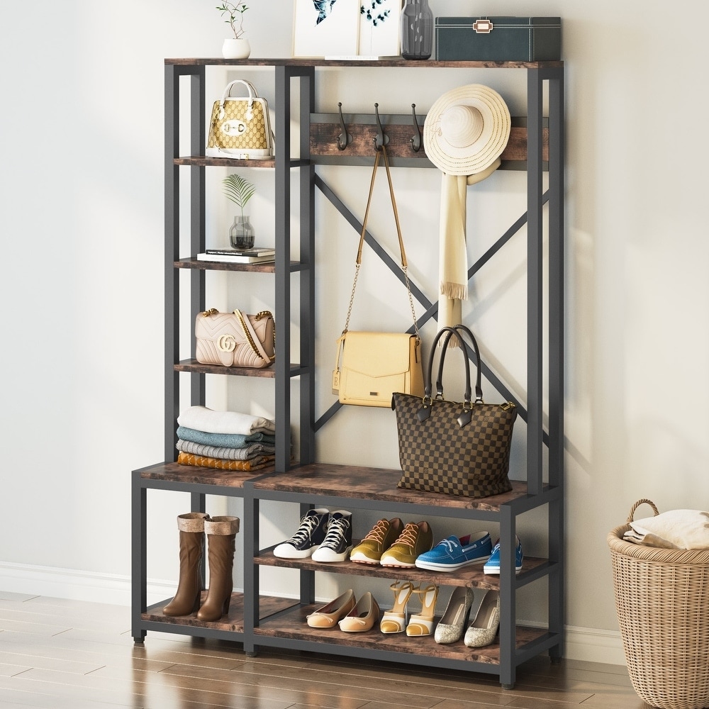 Entryway Hall Tree Coat Rack with Shoe Bench and Side Storage Shelves