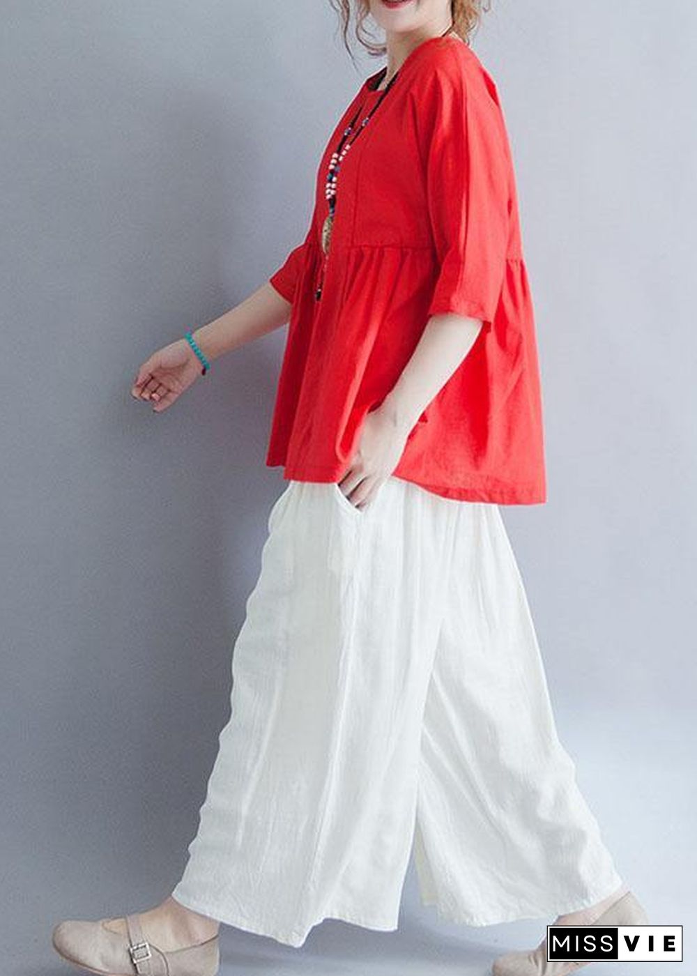 Modern half sleeve cotton shirts women red tunic blouses summer