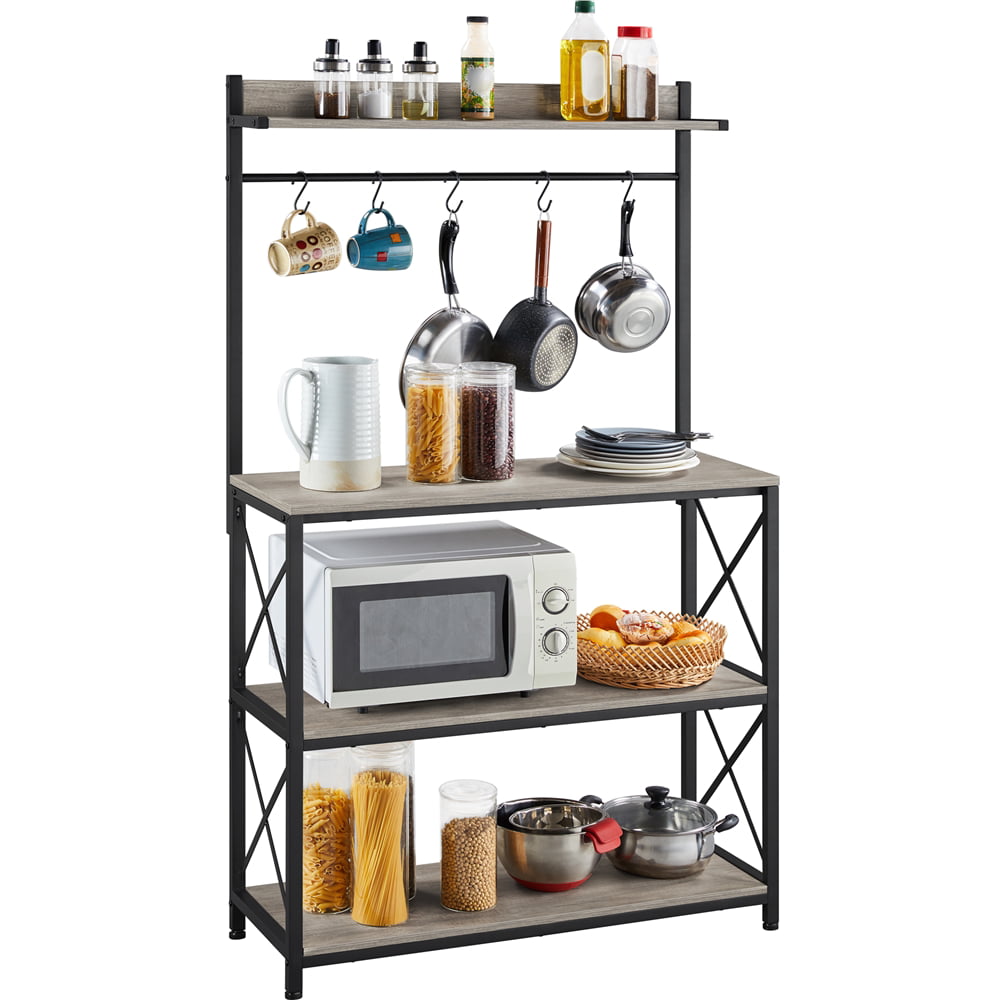 SmileMart 4-Tier Bakers Rack Kitchen Storage Shelf with S-Hooks， Gray