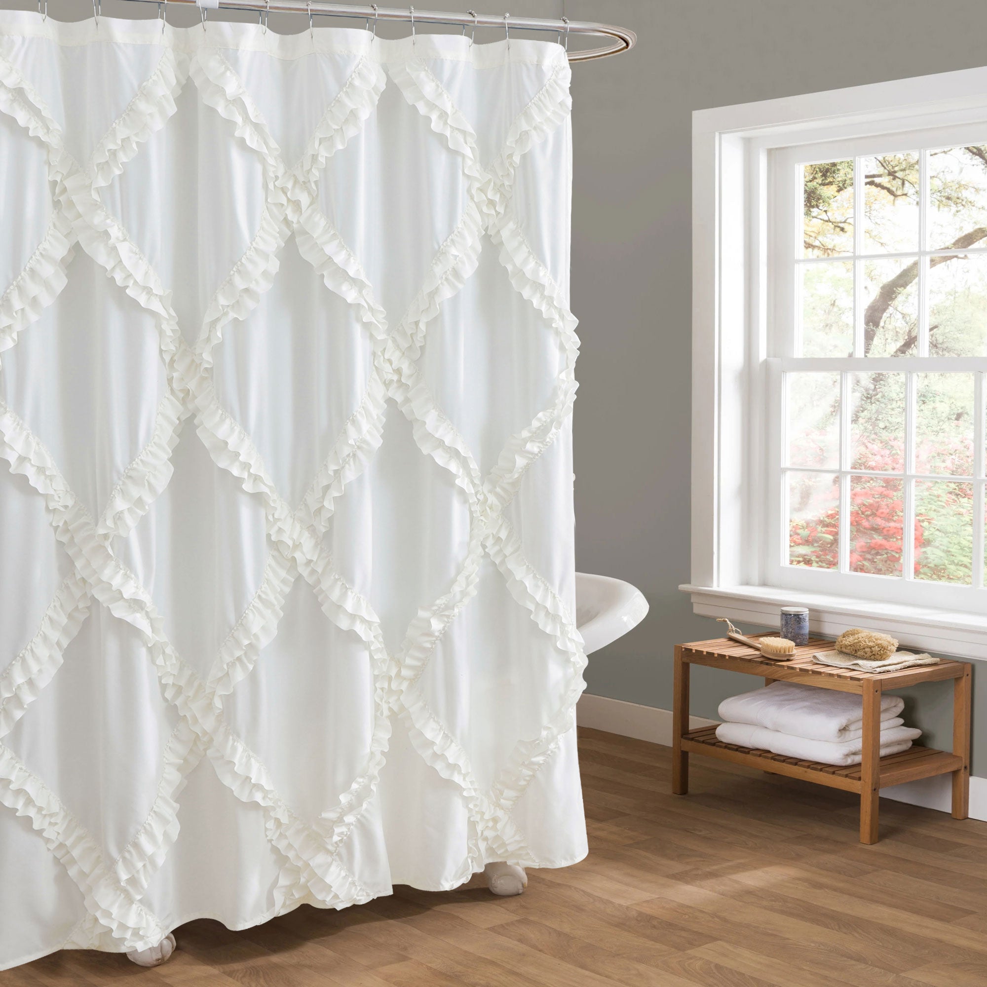 HIG Luxurious Farmhouse Unique Ruffle Cloth Fabric Shower Curtain 72x72 Extra Long Bathroom Curtain