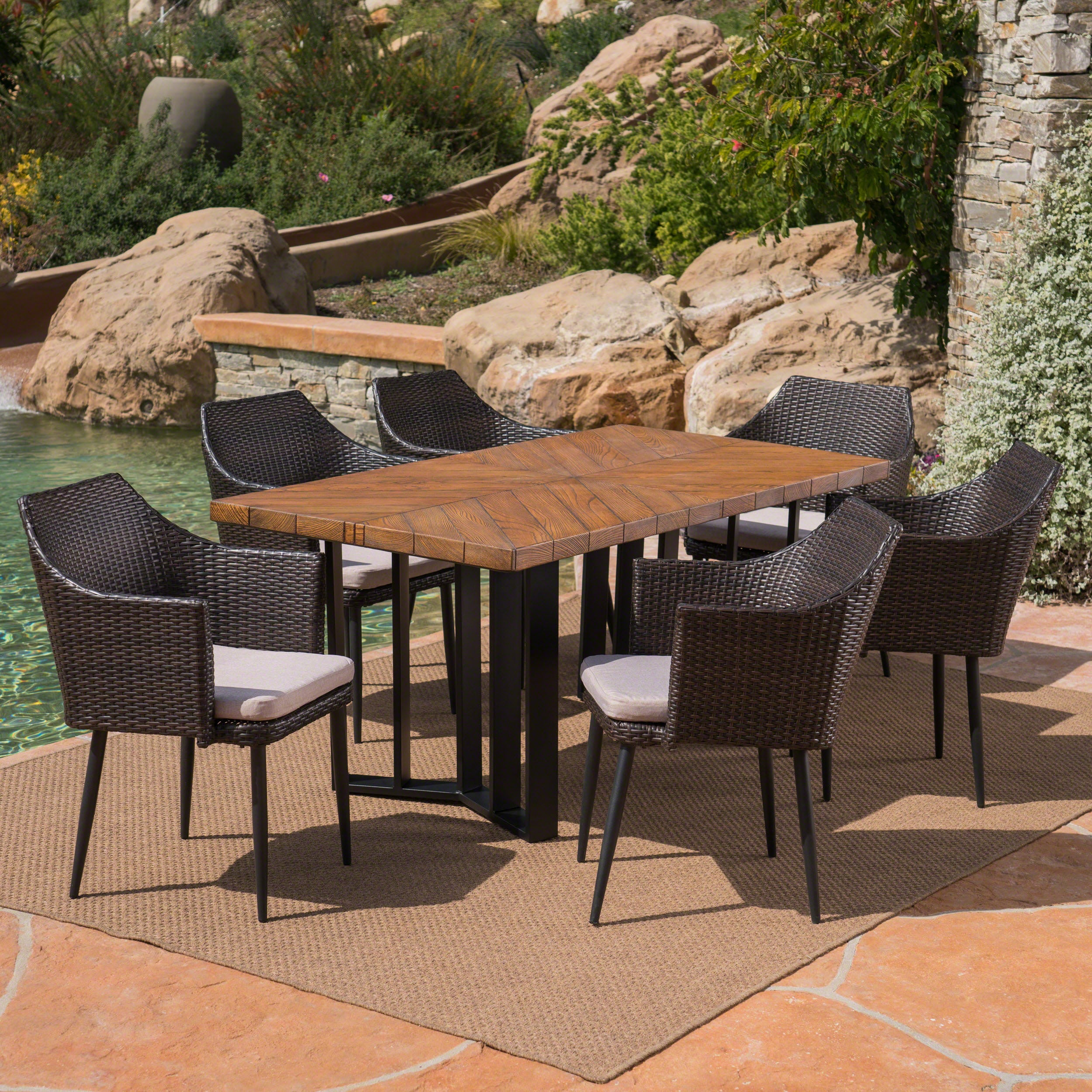 Tammy Outdoor 7 Piece Wicker Dining Set with Concrete Dining Table