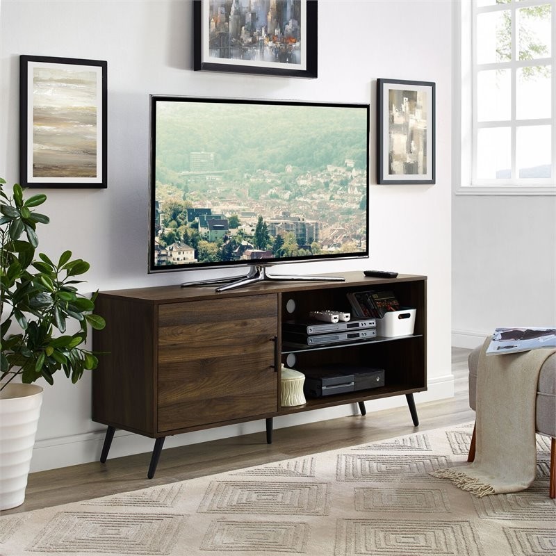 Pemberly Row Mid Century Wood TV Stand for TVs up to 52 quotin Dark Walnut   Midcentury   Entertainment Centers And Tv Stands   by Homesquare  Houzz