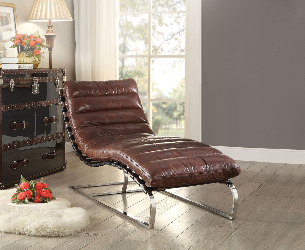 Qortini Stainless Steel Top Grain Leather Lounge Chaise  Vintage Dark Brown   Contemporary   Indoor Chaise Lounge Chairs   by Acme Furniture  Houzz