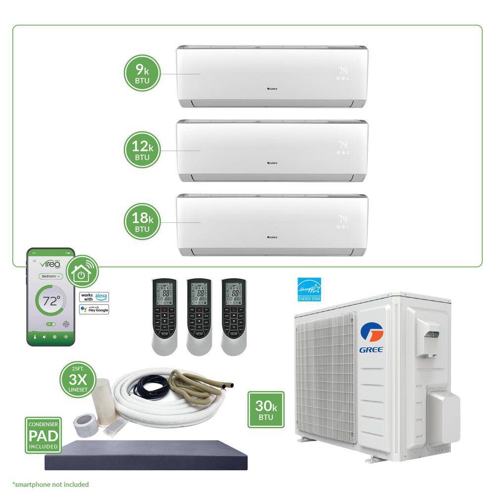 GREE Gen3 Smart Home Triple-Zone 28400 BTU 2.5 Ton Ductless Mini Split Air Conditioner  Heat Pump 25 ft. Install Kit 230V MULTI30VIR312HP