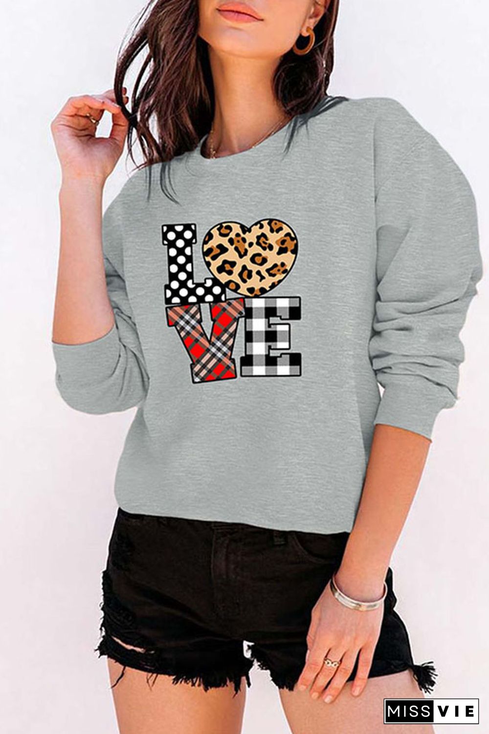 Leopard Plaid Love Heart,Valentine's Day Classic Crew Sweatshirt Wholesale