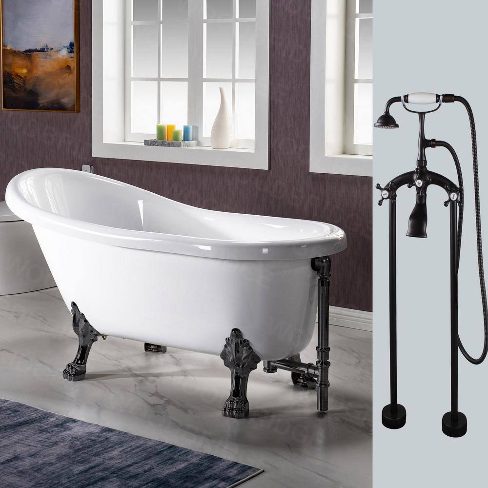 WOODBRIDGE Dover 54 in. Heavy Duty Acrylic Slipper Clawfoot Bathtub White Faucet Claw Feet Drain  Overflow in Oil Rubbed Bronze HBT7009