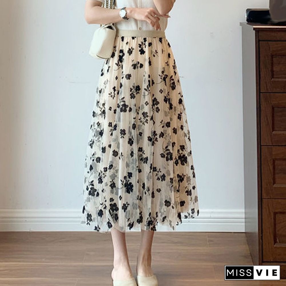 Spring Summer Women Long Maxi Pleated Skirt Midi Skirt High Waist Elascity Casual All-Match A- Line High Waist Streetwear Skirts