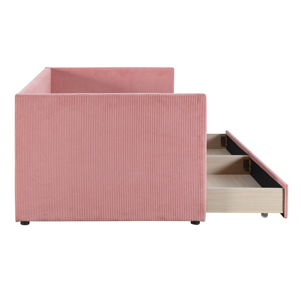 Pink Corduroy tufted Daybed Twin Frame w/ 2 Drawers No Box Spring Needed Wood Slat Support Bed Frame Noble Storage Bed Design