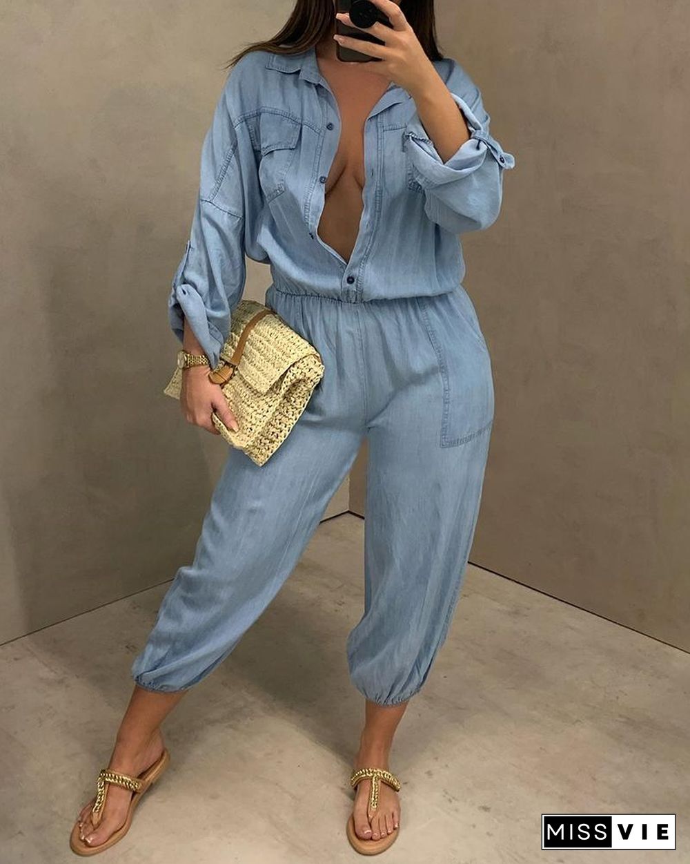 Pocket Button Design Long Sleeve Denim Jumpsuit