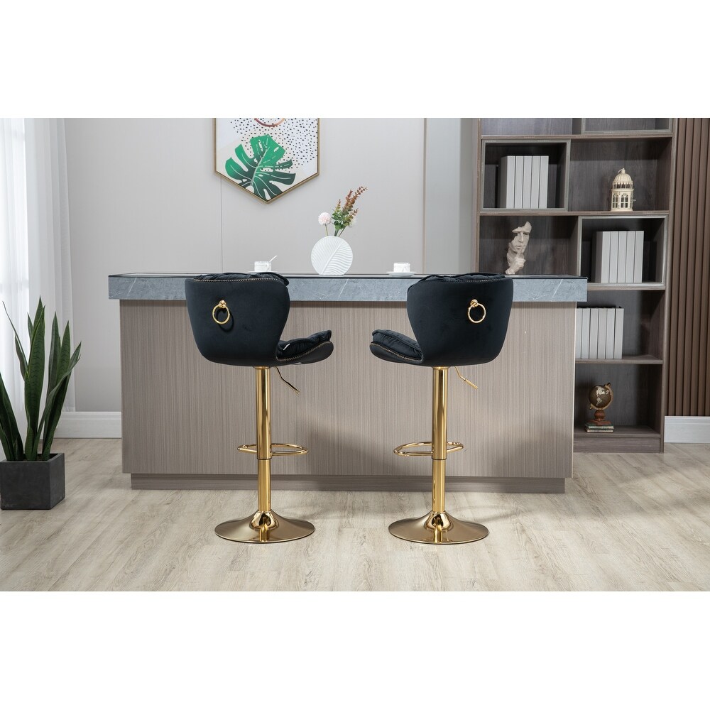 Modern Swivel Bar Stools  Set of 2  Adjustable Counter Height Velvet Upholstered Tufted Bar Stools with Back   Footrest  Black