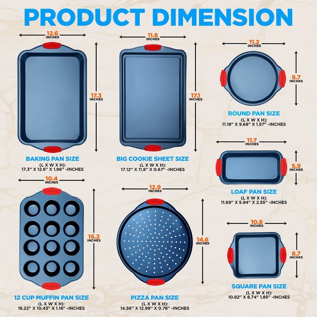 Nutrichef Kitchen Oven Baking Pans 8 Piece Deluxe Nonstick Blue Coating Inside amp Outside Carbon Steel Bakeware Set With Red Silicone Handles