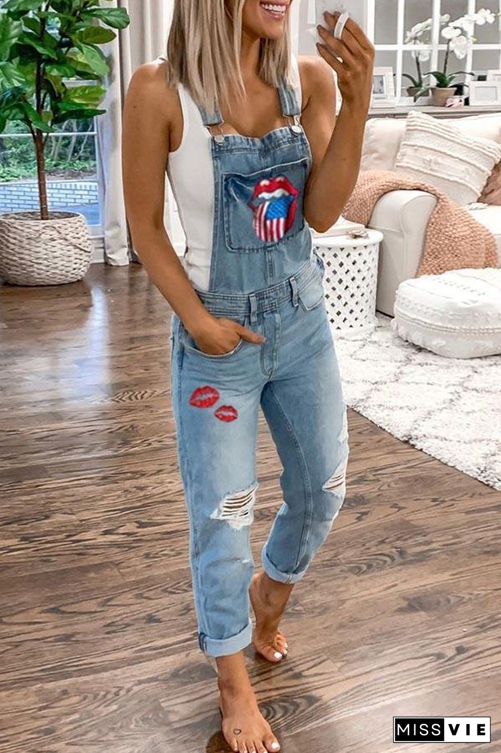 Denim Print Suspender Jeans