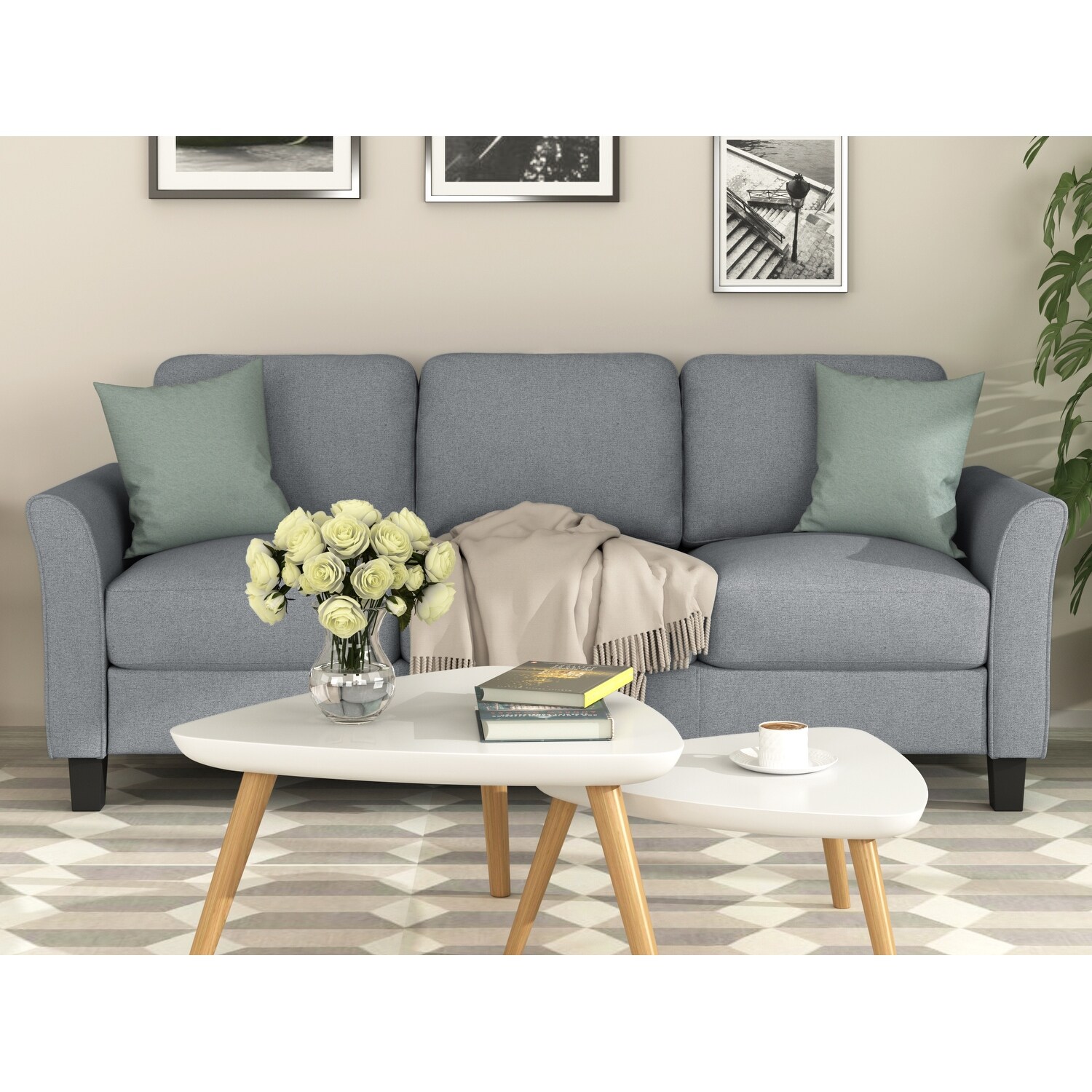 3-Seat Sofa Living Room Linen Fabric Sofa (Gray)