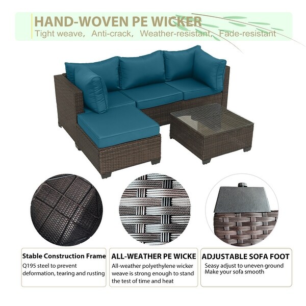 5Piece HandWoven PE Wicker Outdoor Patio Sectional Sofa Set with Cushions and Coffee Table