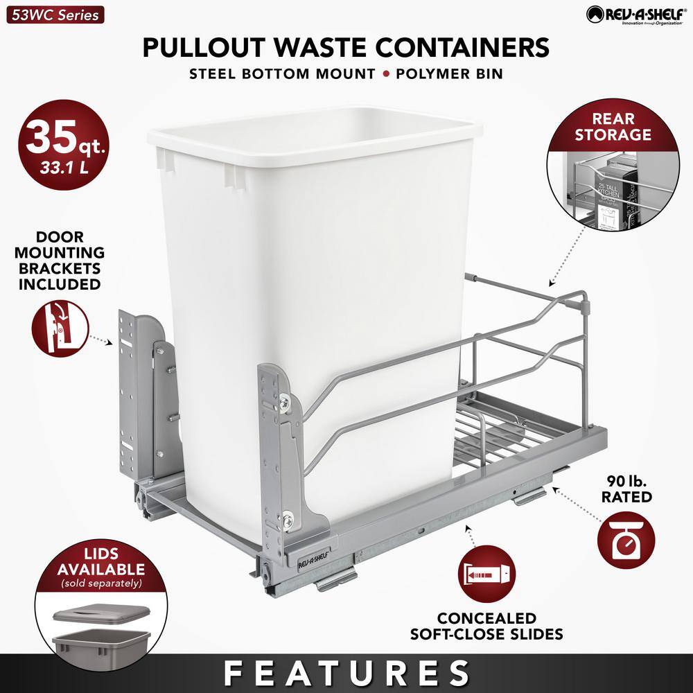 Rev-A-Shelf 18.9375 in. H x 10.875 in. W x 22.25 in. D Single 35 Qt. Pull-Out Silver Waste Container with Soft-Close Slides 53WC-1535SCDM-117