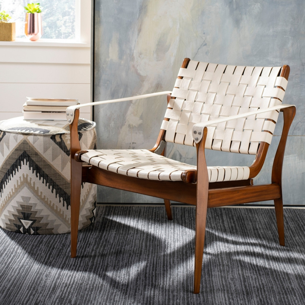 Conrad Leather Safari Chair White / Light Brown   Midcentury   Armchairs And Accent Chairs   by Peachtree Fine Furniture  Houzz