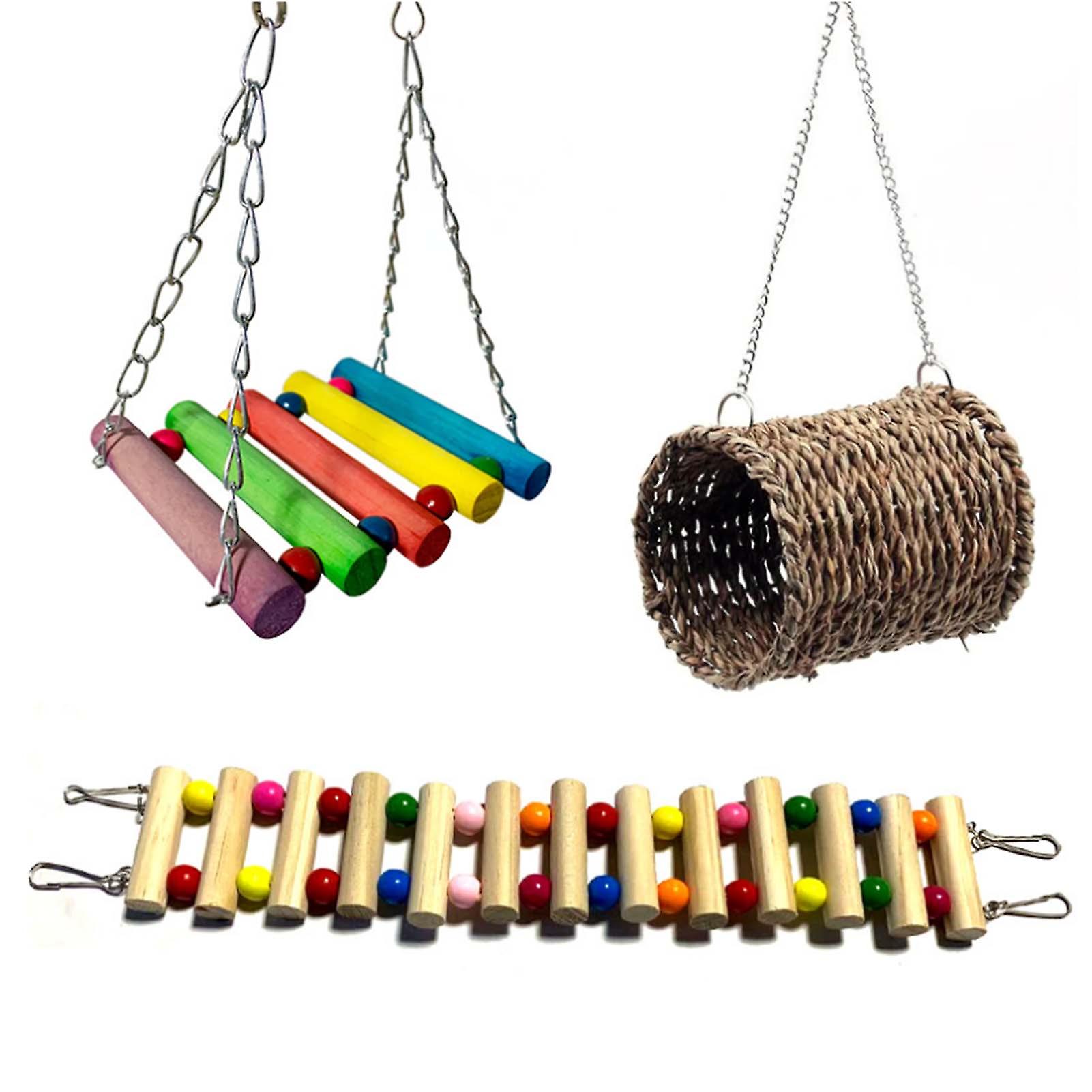 3pcs Bird Parrot Toys Bird Wooden Ladder Pet Bird Cage Swing Toy Natural Grass Woven Nest Hanging Toy For Small Parakeets Cockatiels Conures Macaws Pa