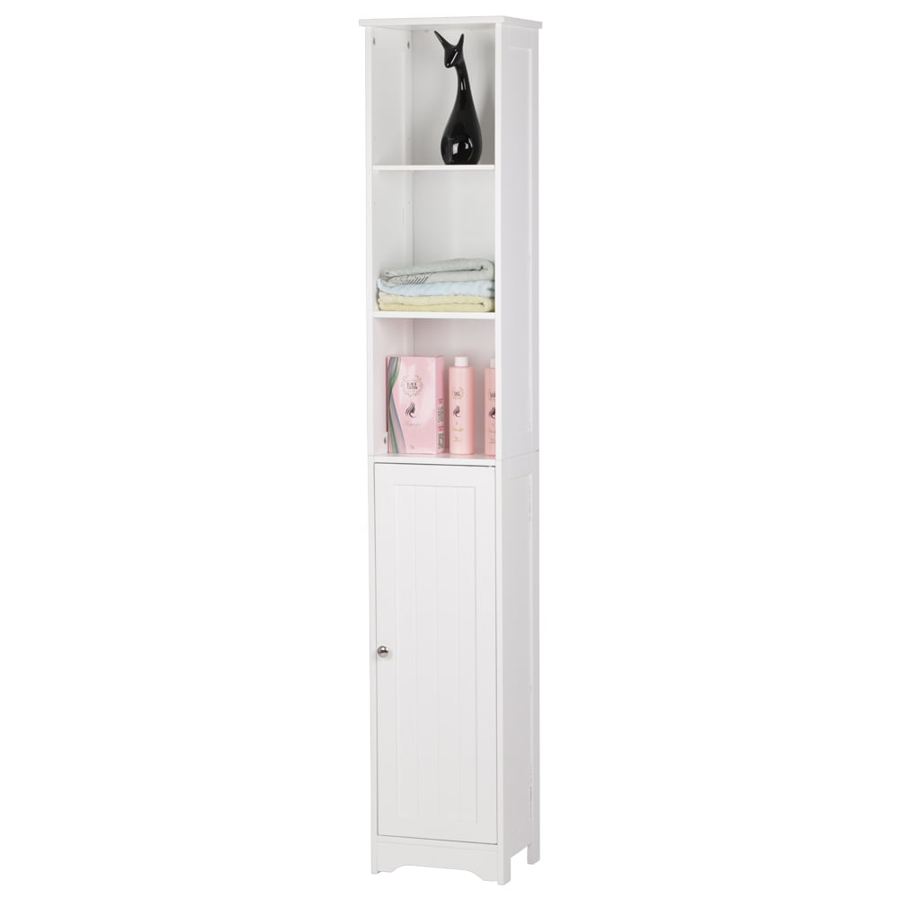 VINGLI 67" Tall Narrow Cabinet Free Standing Bathroom Storage Tower Cabinet White Slim Pantry Cabinet with 3 Open Shelves and 1 Door Adjustable Shelf Corner Linen Organizer