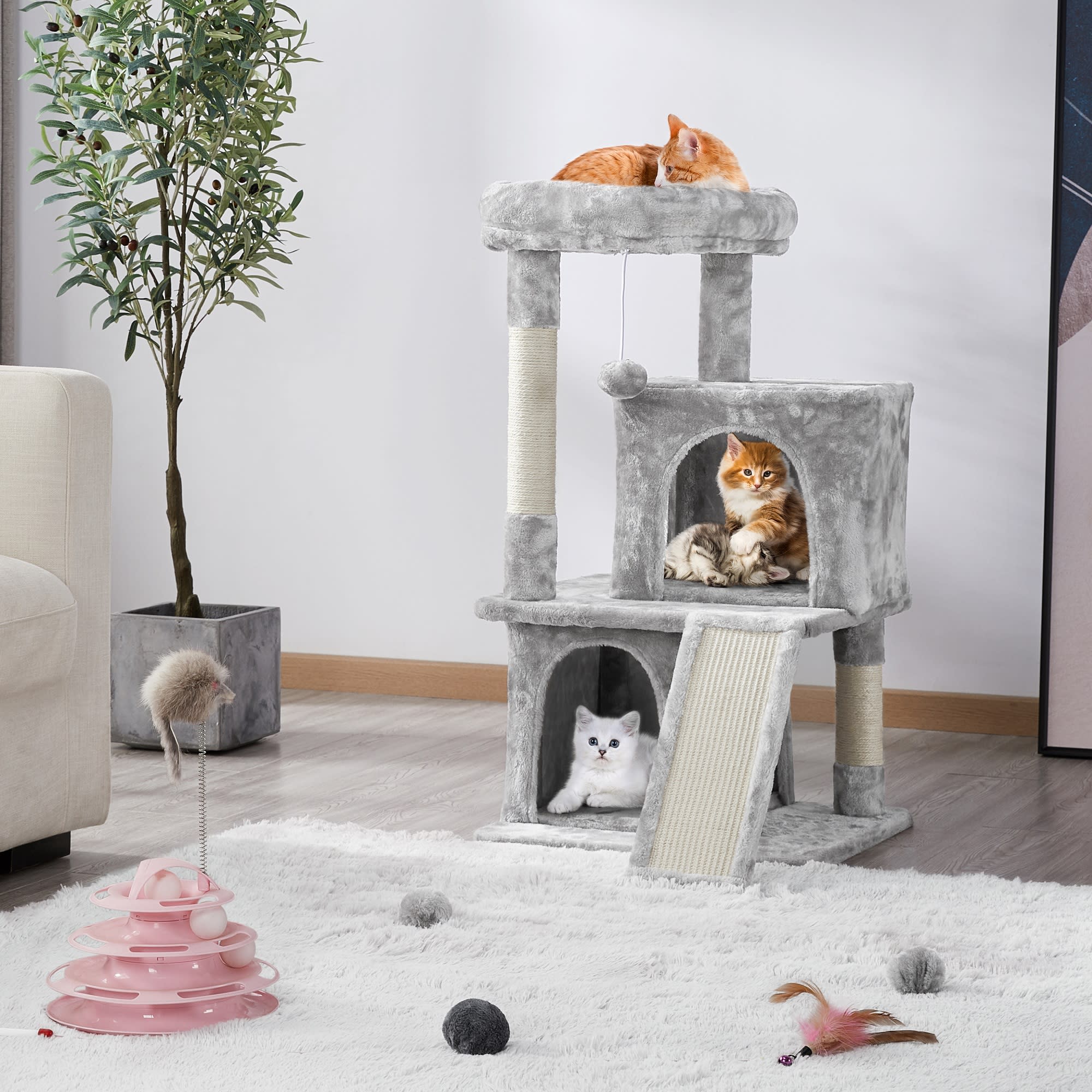 TOPEAKMART Light Gray Cat Tree with 2 Condos， 36