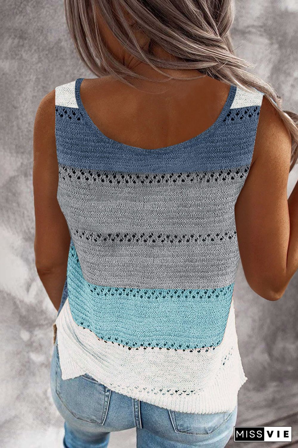 Sky Blue Color Block Knitted Tank Top