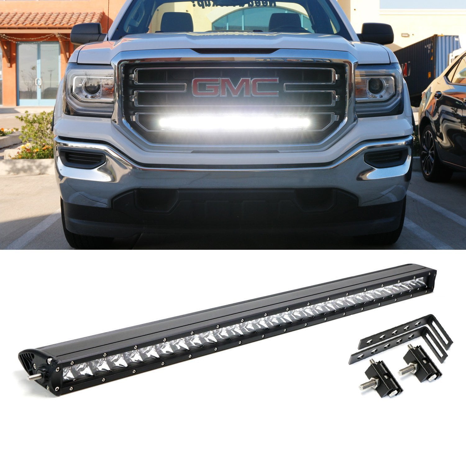 iJDMTOY Behind Grille Mount 30-Inch LED Light Bar Kit Compatible With 2014-18 GMC Sierra 1500 2500 3500 HD， Incl (1) 150W CREE LED Lightbar， Mesh Grill Mounting Brackets and On/Off Switch Wiring Kit