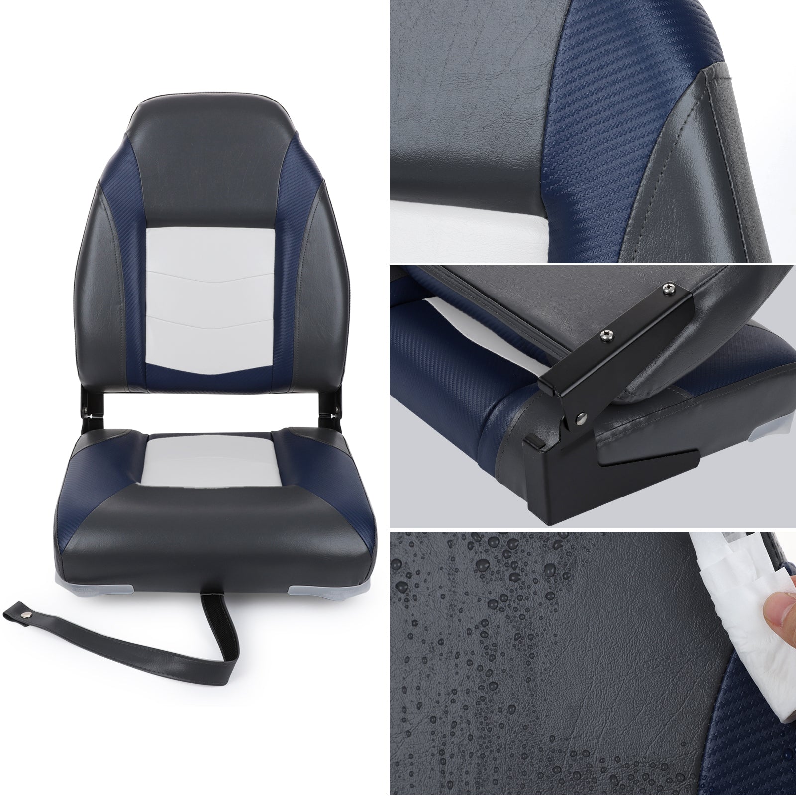 NORTHCAPTAIN S1 Deluxe High Back Folding Boat Seat，Stainless Steel Screws Included，White/Charcoal/Navy Blue（1 Seat）