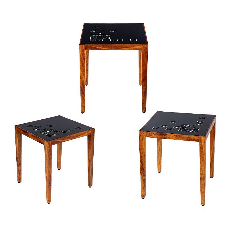 Alba 22 Inch 3 Piece Nesting Table Set， Laser Cut Metal， Black， Brown