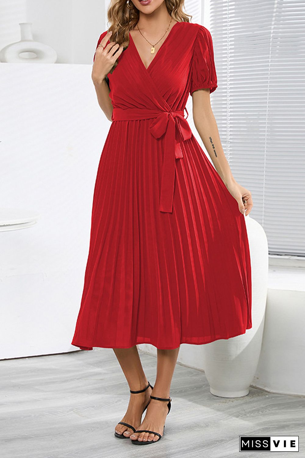 Plain Wrap V Neck Pleated Midi Dress With Sash