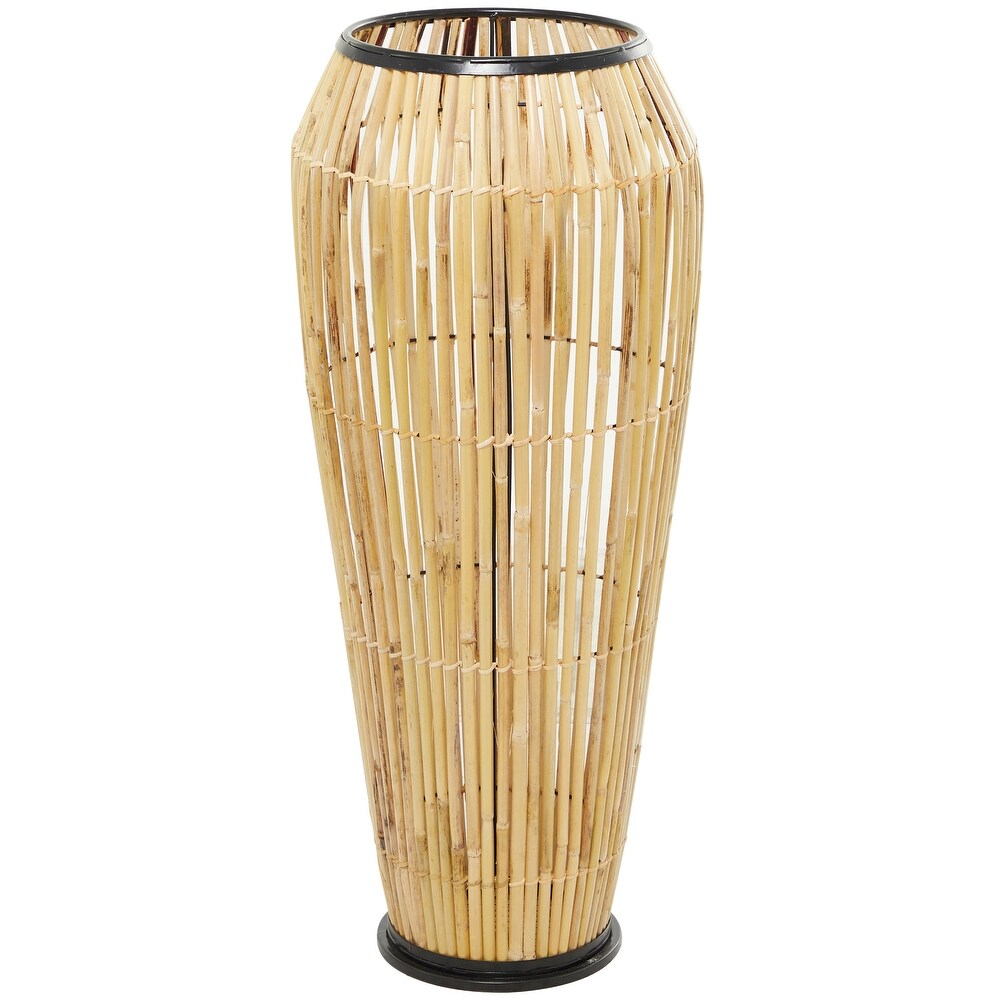 The Novogratz Brown Wicker Handmade Slatted Frame Vase with Black Metal Accents