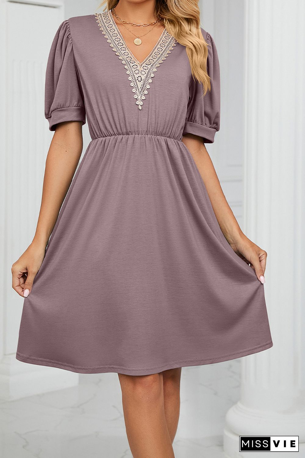 V Neck Lace Edge Pockets T-Shirt Dress