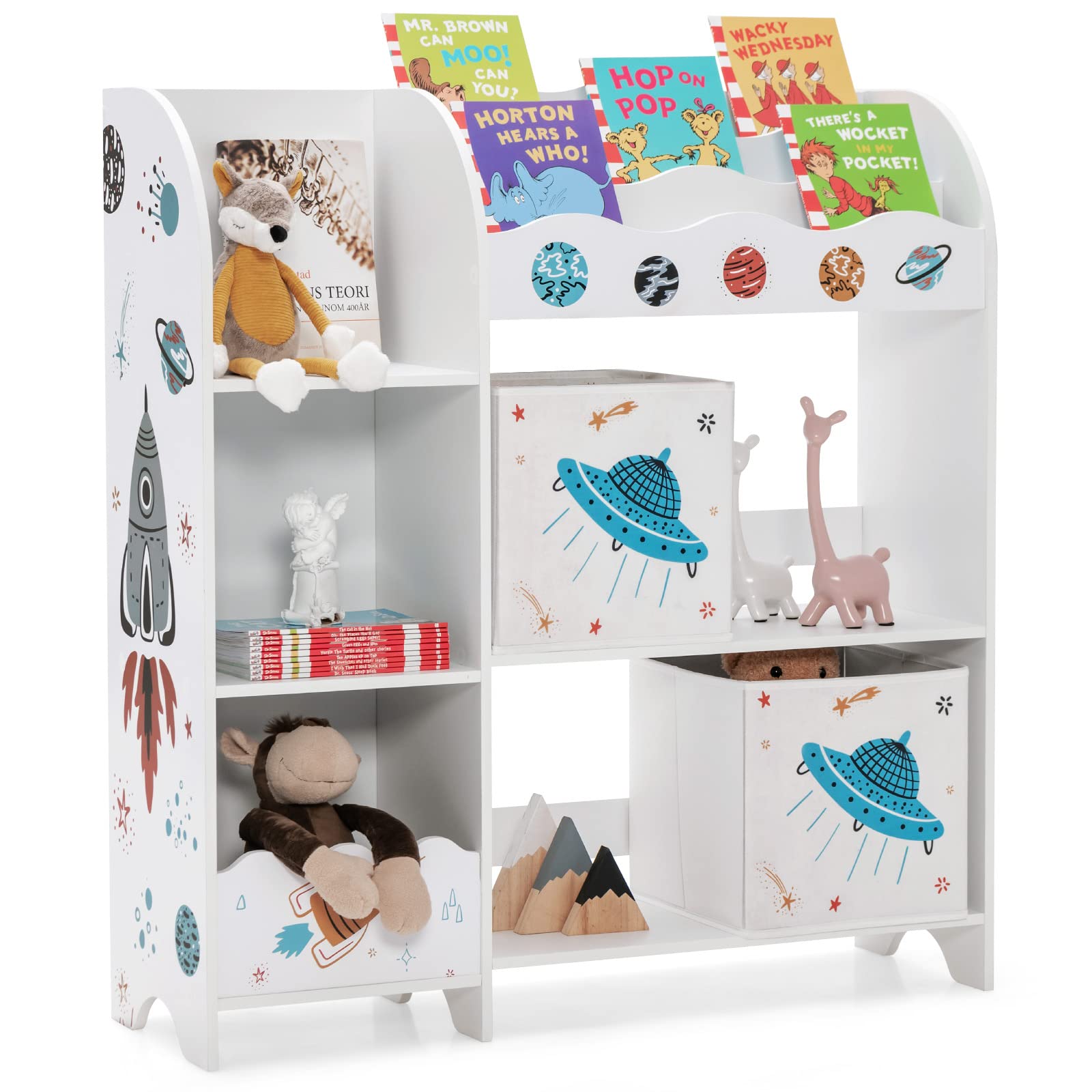 Costzon Toy and Book Organizer for Kids, Wooden Storage Display Cabinet Bookshelf