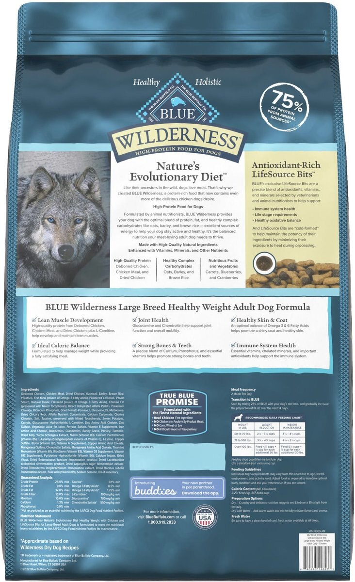 Blue Buffalo Wilderness Large Breed Healthy Weight Chicken Adult Dry Dog Food， 28-lb bag