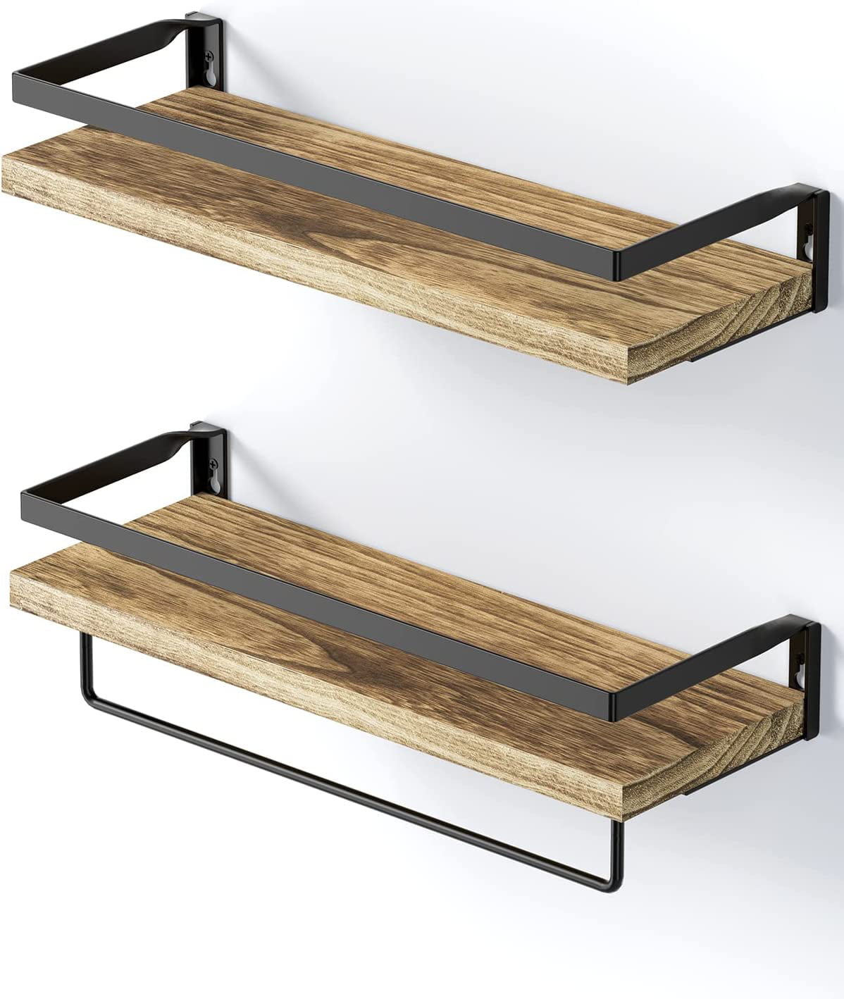 2 Pack Wall Decor Wood Rustic Floating Shelves, Storage Shelves with Towel Bar for Bathroom, Kitchen, Bedroom, Living Room, Brown