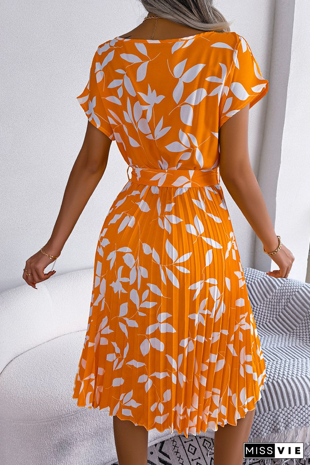 Leaf Print Pleated Midi Dress With Sash