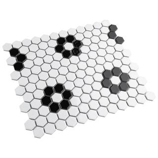 Merola Tile Metro 1 in. Hex Glossy White with Flower 10-14 in. x 11-78 in. Porcelain Mosaic Tile (8.6 sq. ft.Case) FXLM1HGH