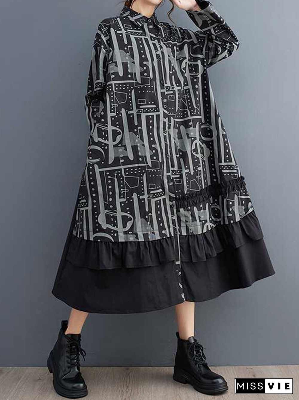 A-Line Long Sleeves Asymmetric Buttoned Printed Split-Joint Lapel Midi Dresses