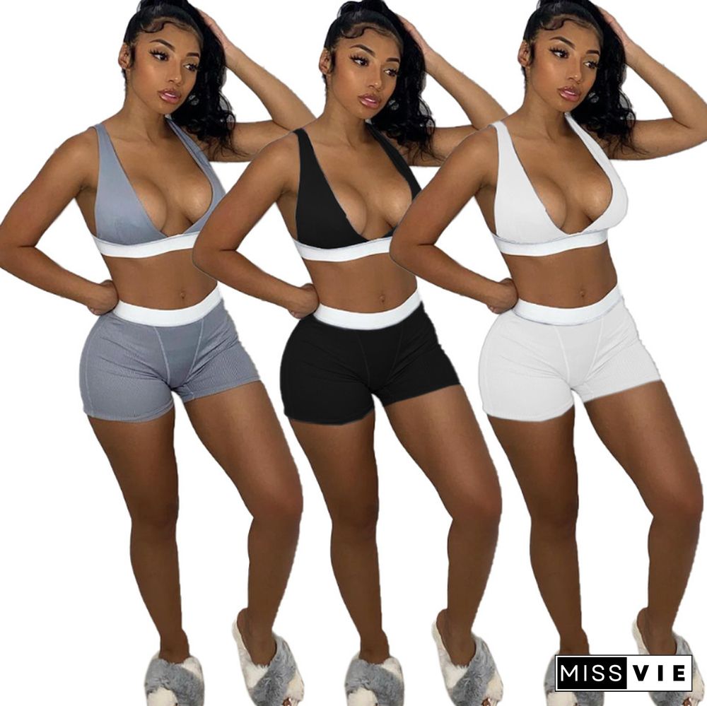 Summer Sexy Crop Top Tank Vest Shorts Fitness 2Piece Set