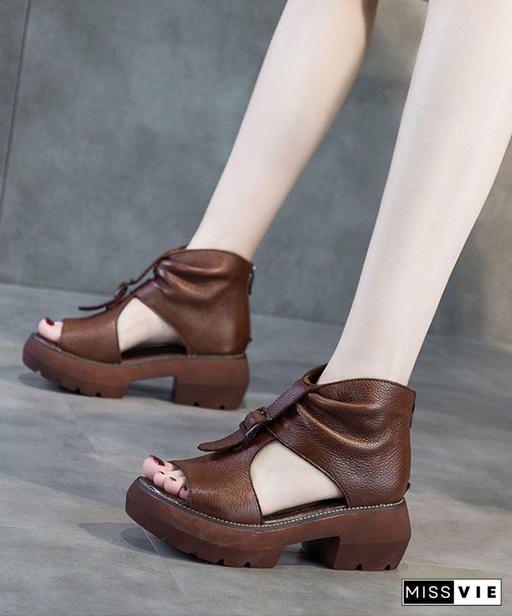 Casual Hollow Out Wedge Sandals Brown Cowhide Leather Platform Chunky High Heels