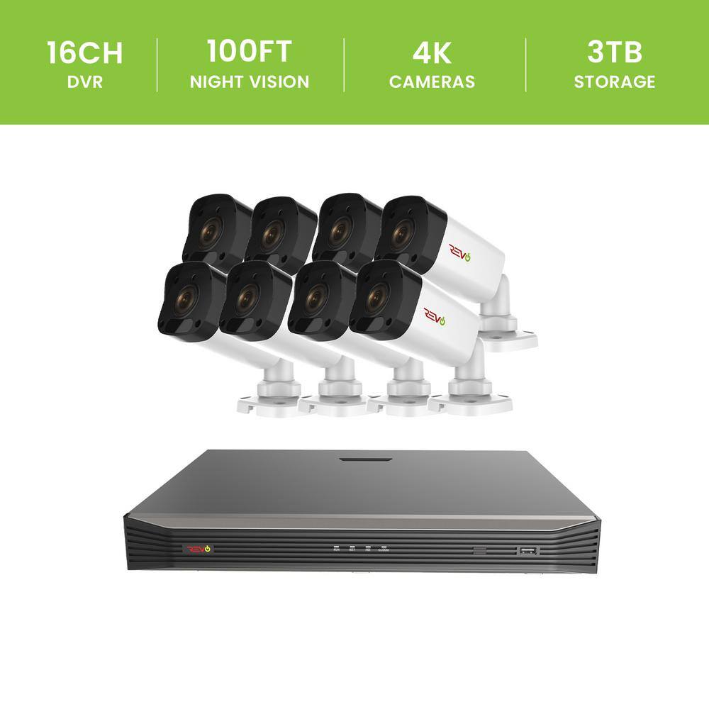 Revo Ultra Commercial Grade 16-Channel 4K 3TB Smart NVR Surveillance System with (8) 4K 8MP IndoorOutdoor Bullet Cameras RU162B8K-3T