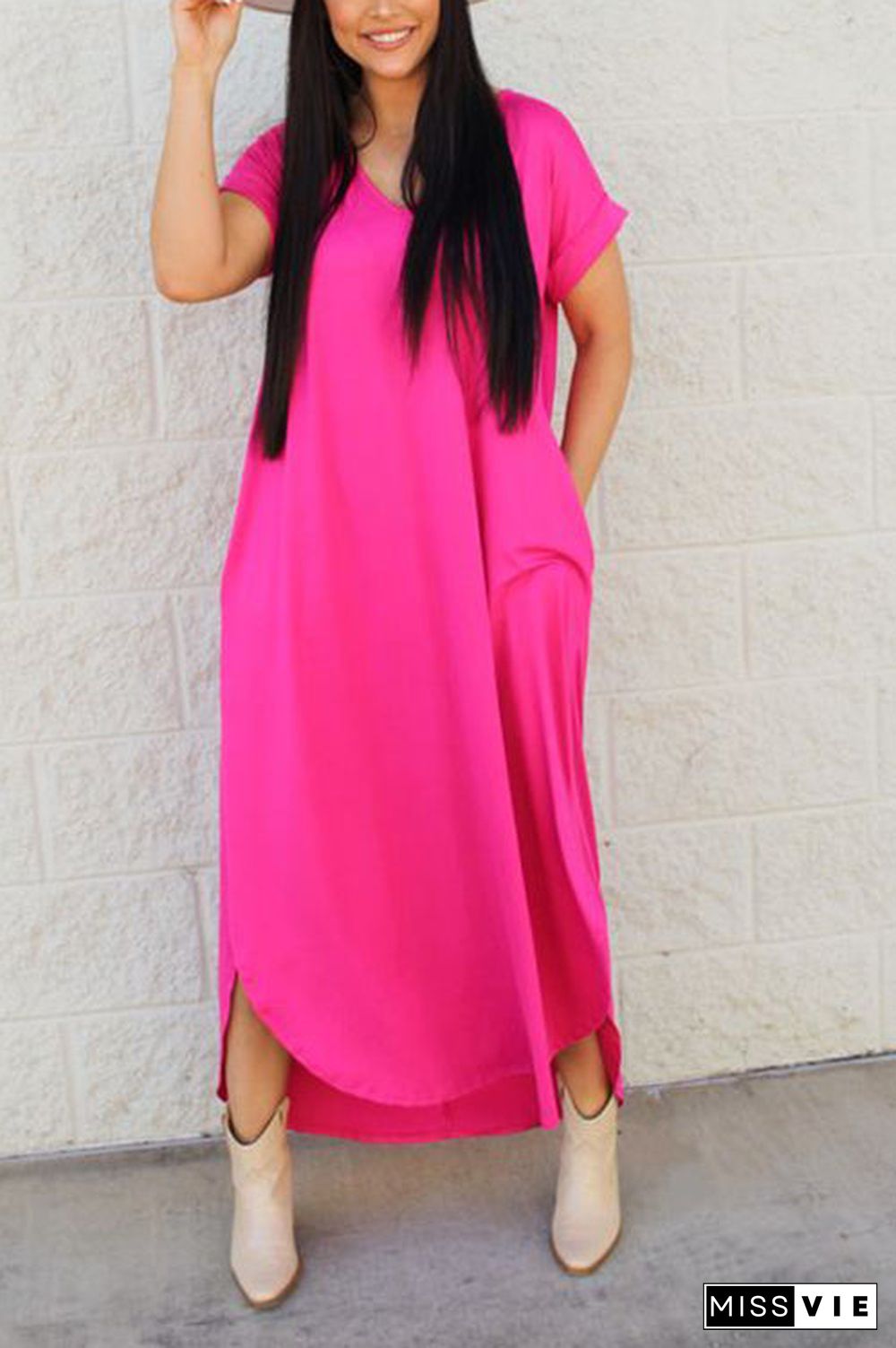 V Neck Side Slit Maxi Dress