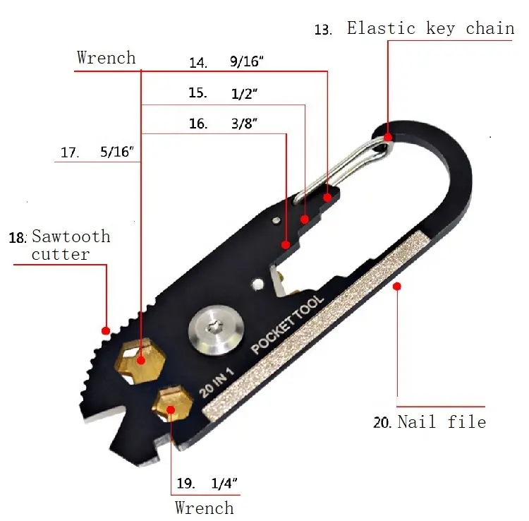 Camping Hiking 20 in 1  Climbing Carabiner Hook Survival Gear EDC Multi functional Tool